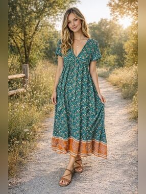 NWT NATURAL LIFE Avery Teal Floral Boho Midi Dress with Orange Hem